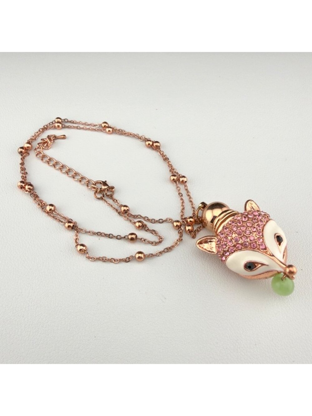Fox Pendant Perfume Bottle Necklace Rose Gold Pink Crystals